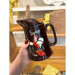 Vintage Stoneware Ceramic Rooster Syrup Pitcher Hand Painted Country Kitchen